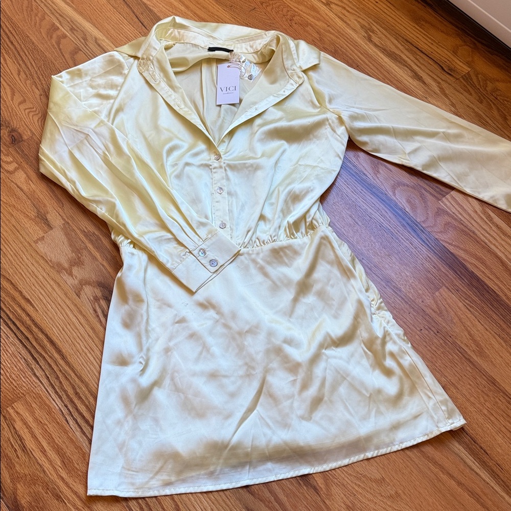 Vici Light Yellow Satin Shirt Dress